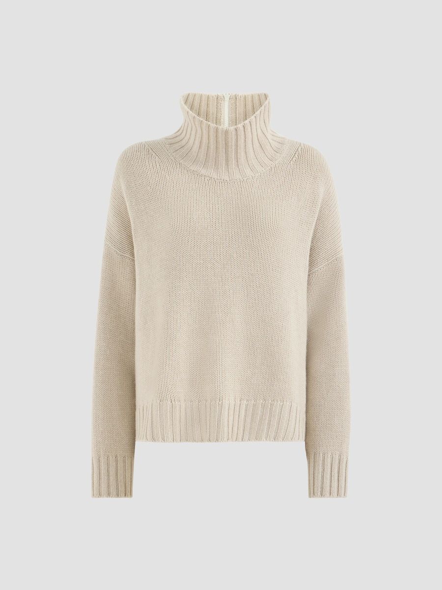 Brunello Cucinelli Women's Cashmere Turtleneck Sweater with Shiny Zipper - Buff - Size XXL