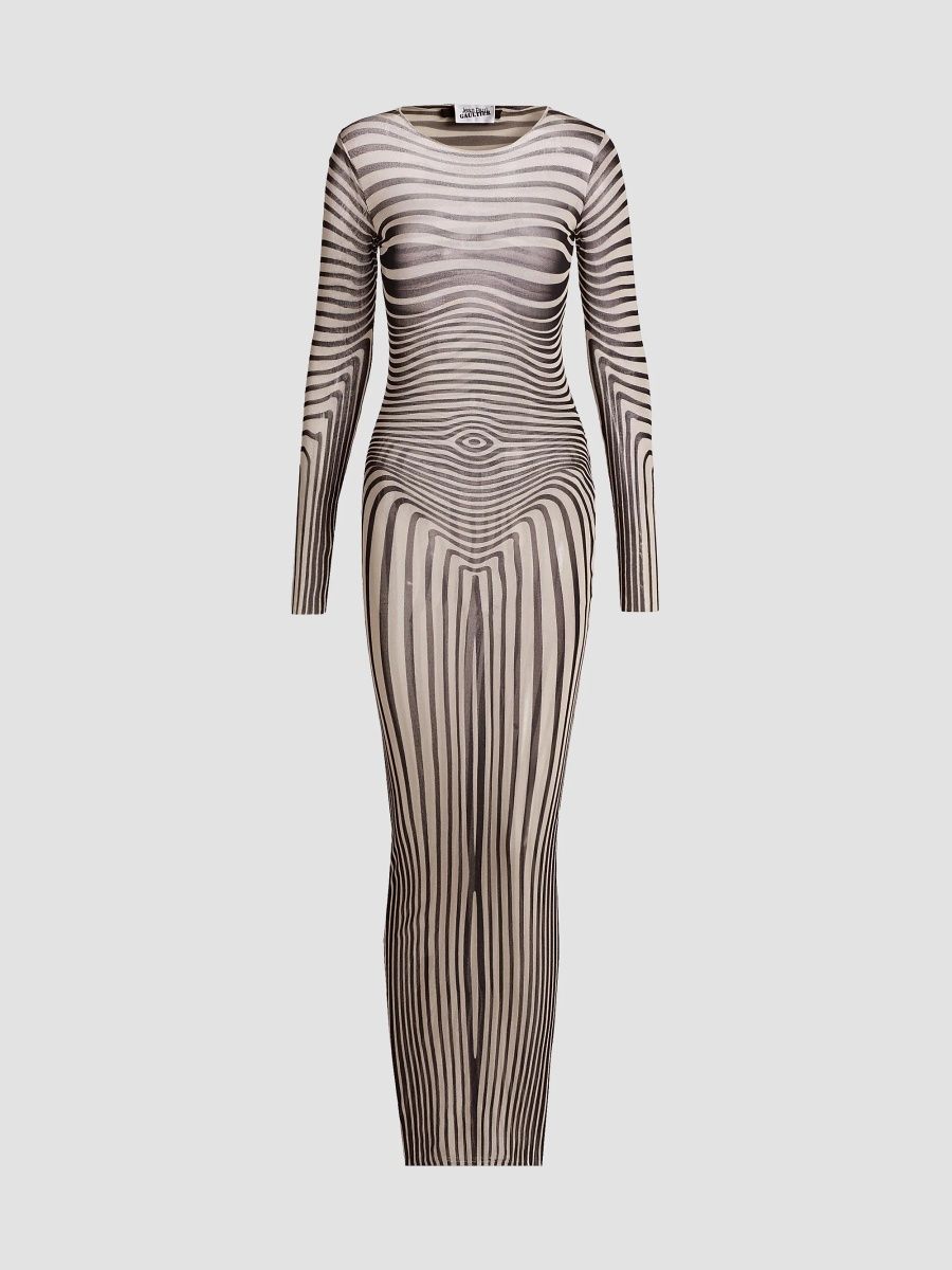 Jean Paul Gaultier Women's Striped Knit Long Sleeves Maxi Dress - Ecru Navy - Size Small