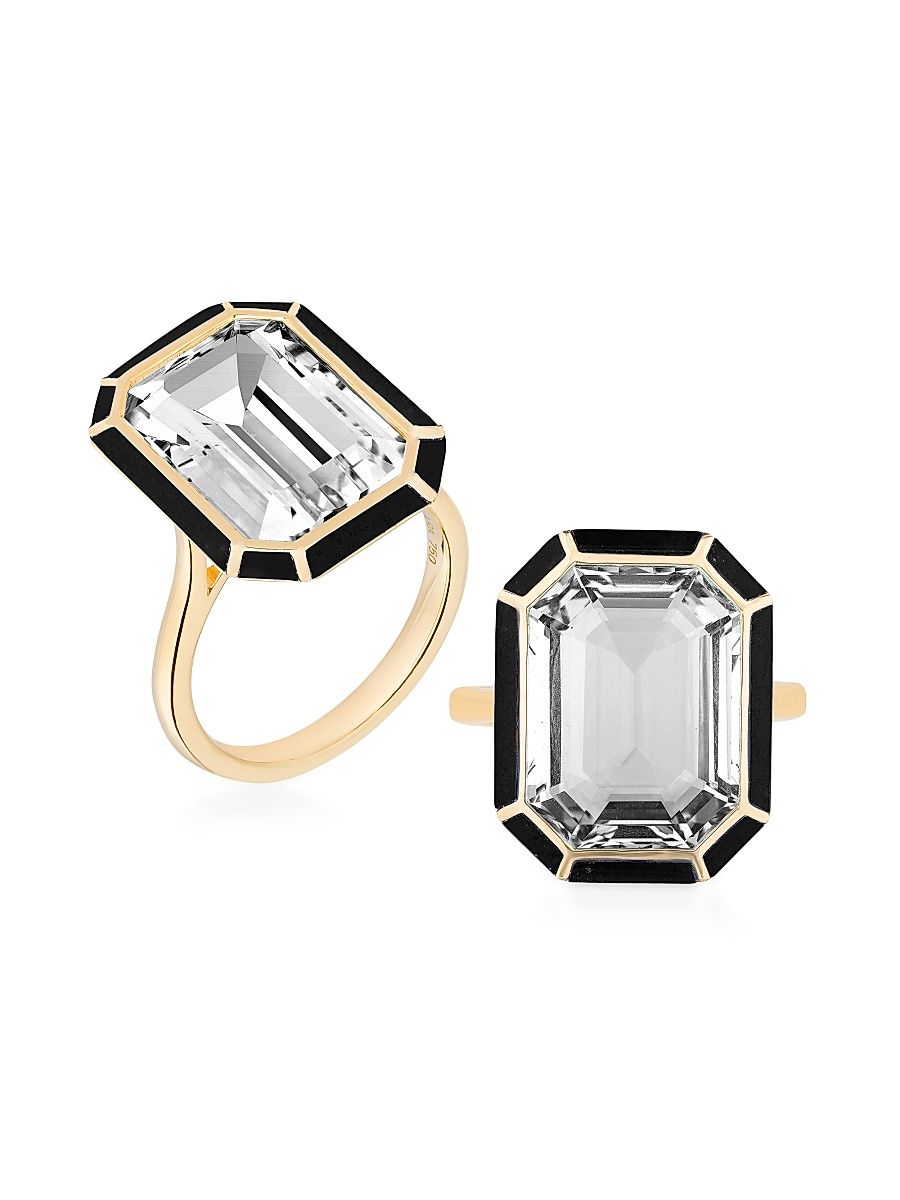 Women's Mélange Rock Crystal & Onyx Emerald Cut Ring - Yellow Gold - Size 6.75