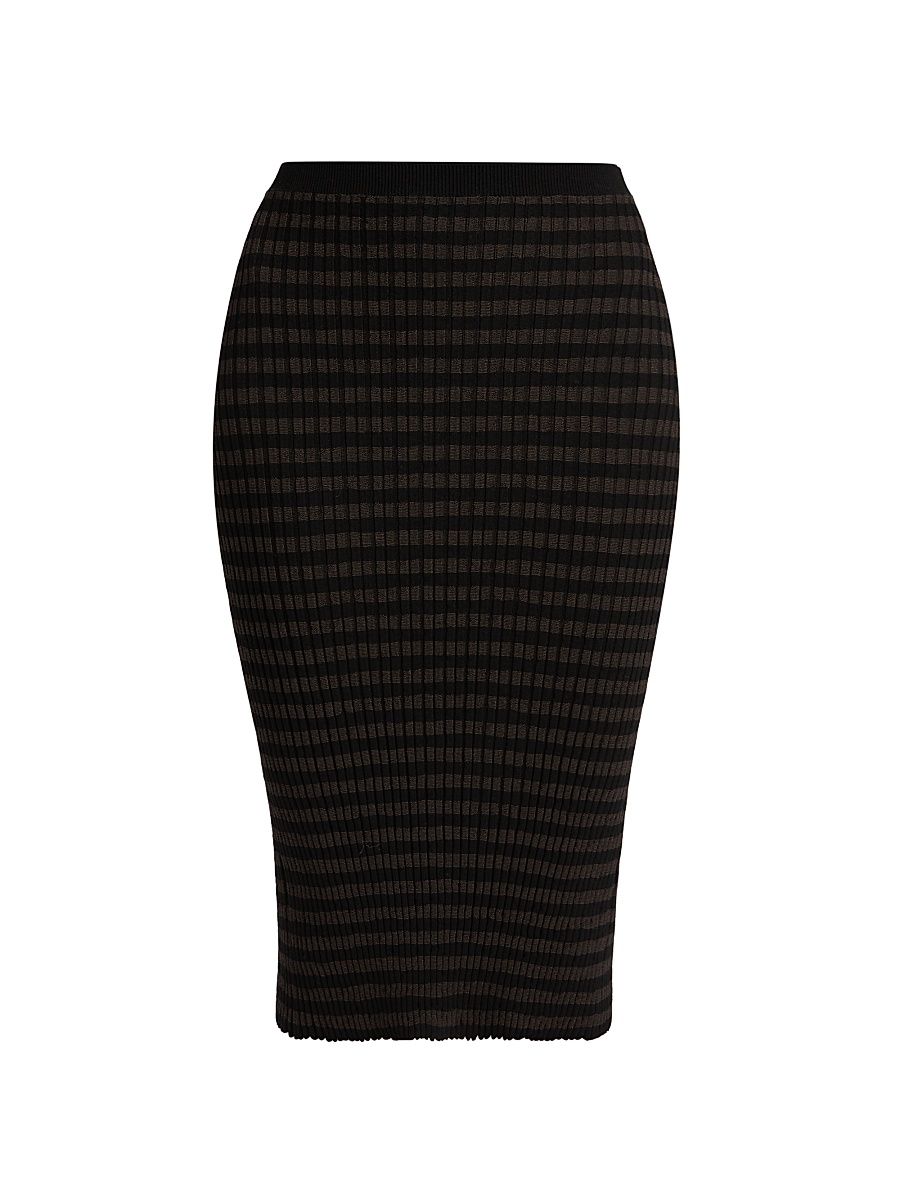 Women's Striped Pencil Midi-Skirt - Black Brown - Size XS