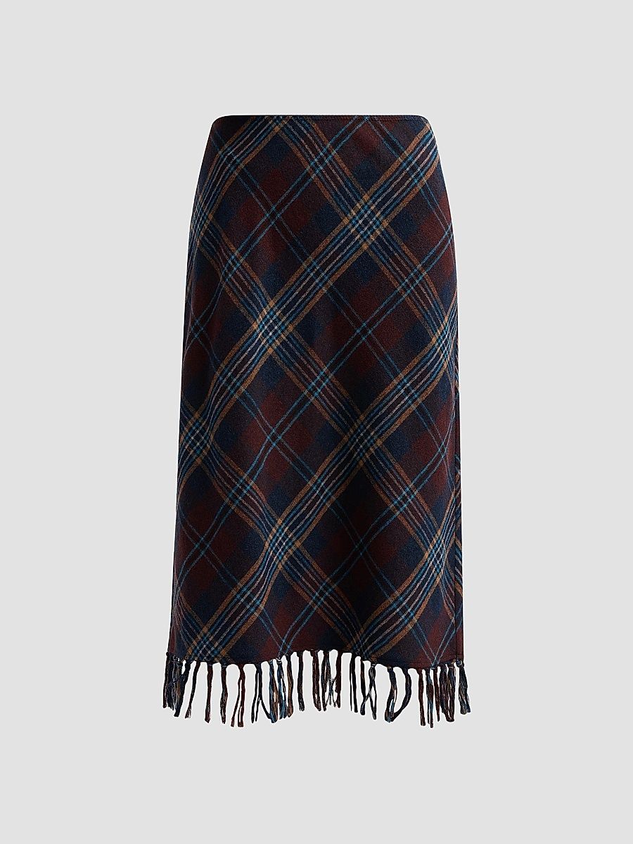 Women's Elowette Knotted Fringe Midi Skirt - Willoughby Plaid - Size XS