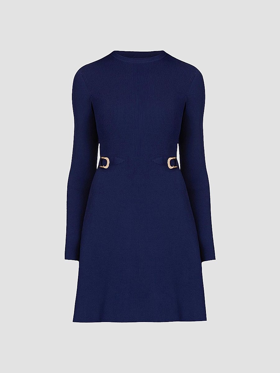 Shoshanna Women's Janice Buckle-Detailed Rib-Knit Fit & Flare Dress - Navy - Size XL
