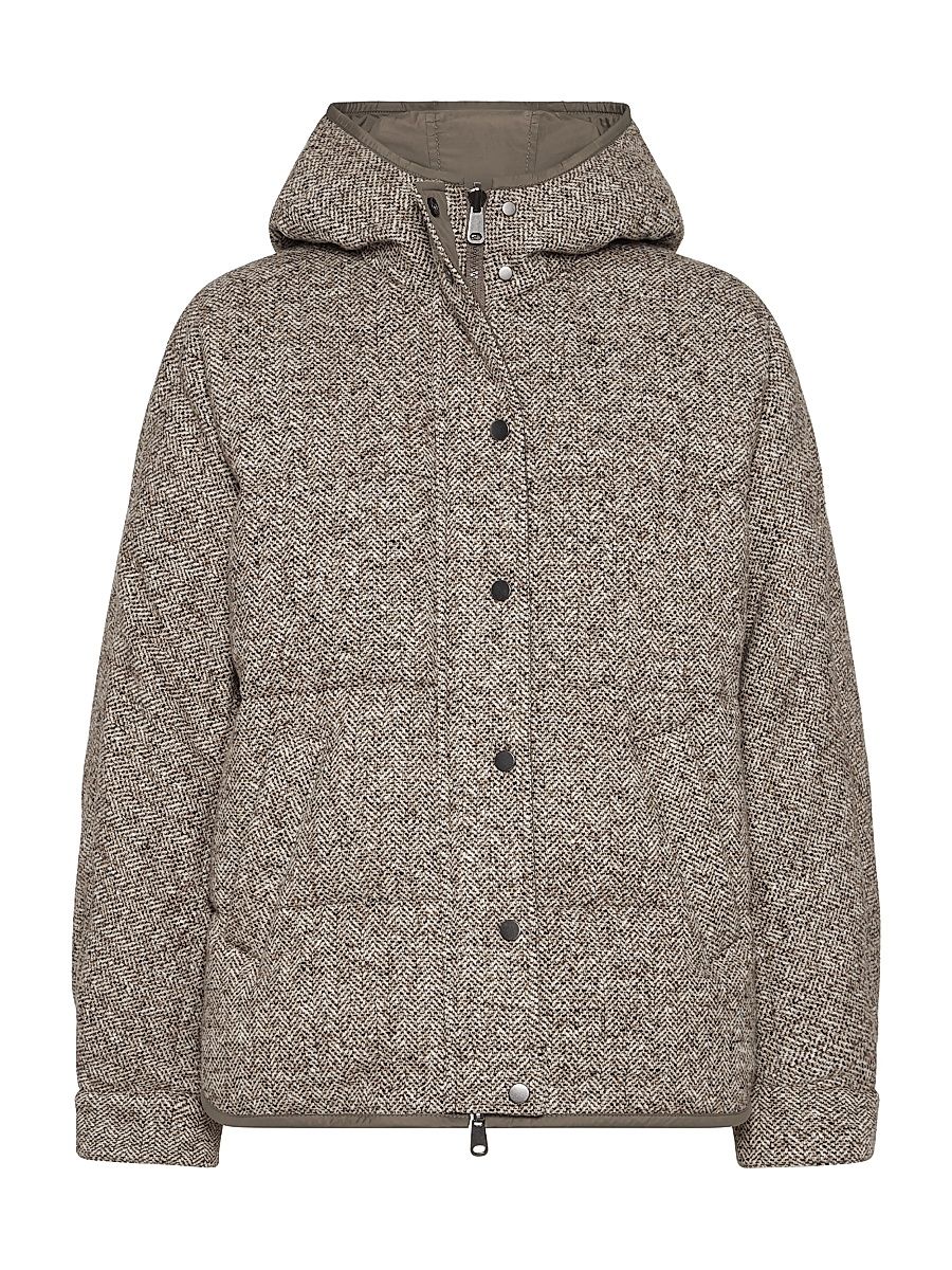 Women's Flecked Virgin Wool and Silk Chevron Hooded Down Jacket - Rope - Size 14