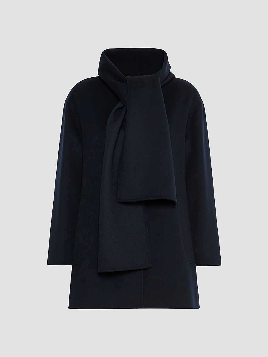 Women's Short Wool Coat with Scarf - Midnight Blue - Size 0
