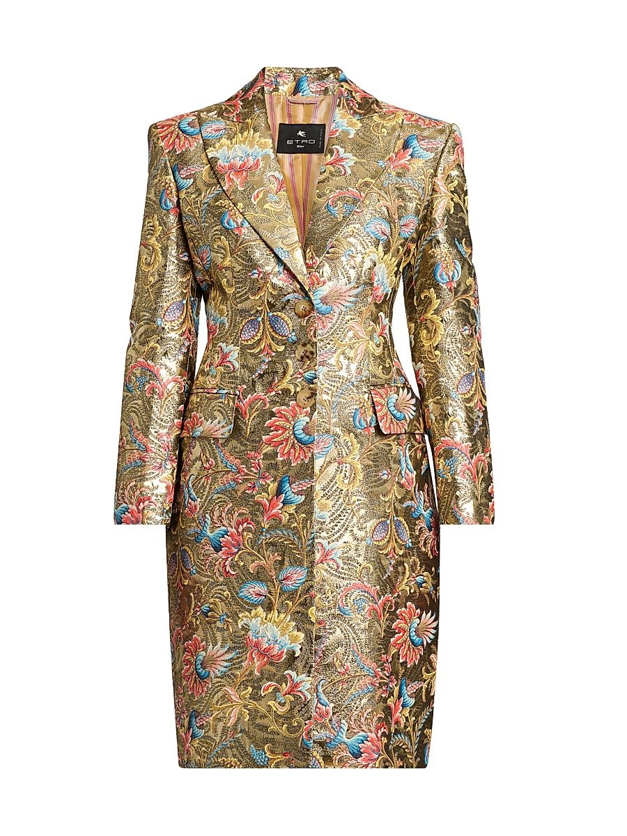 Women's Metallic Lotus Print Knee-Length Coat - Print On Beige Base - Size 12