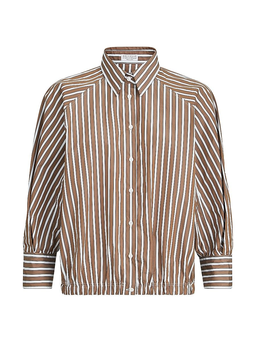 Women's Cotton Shadow Stripe Poplin Shirt with Monili - Brown - Size XXL