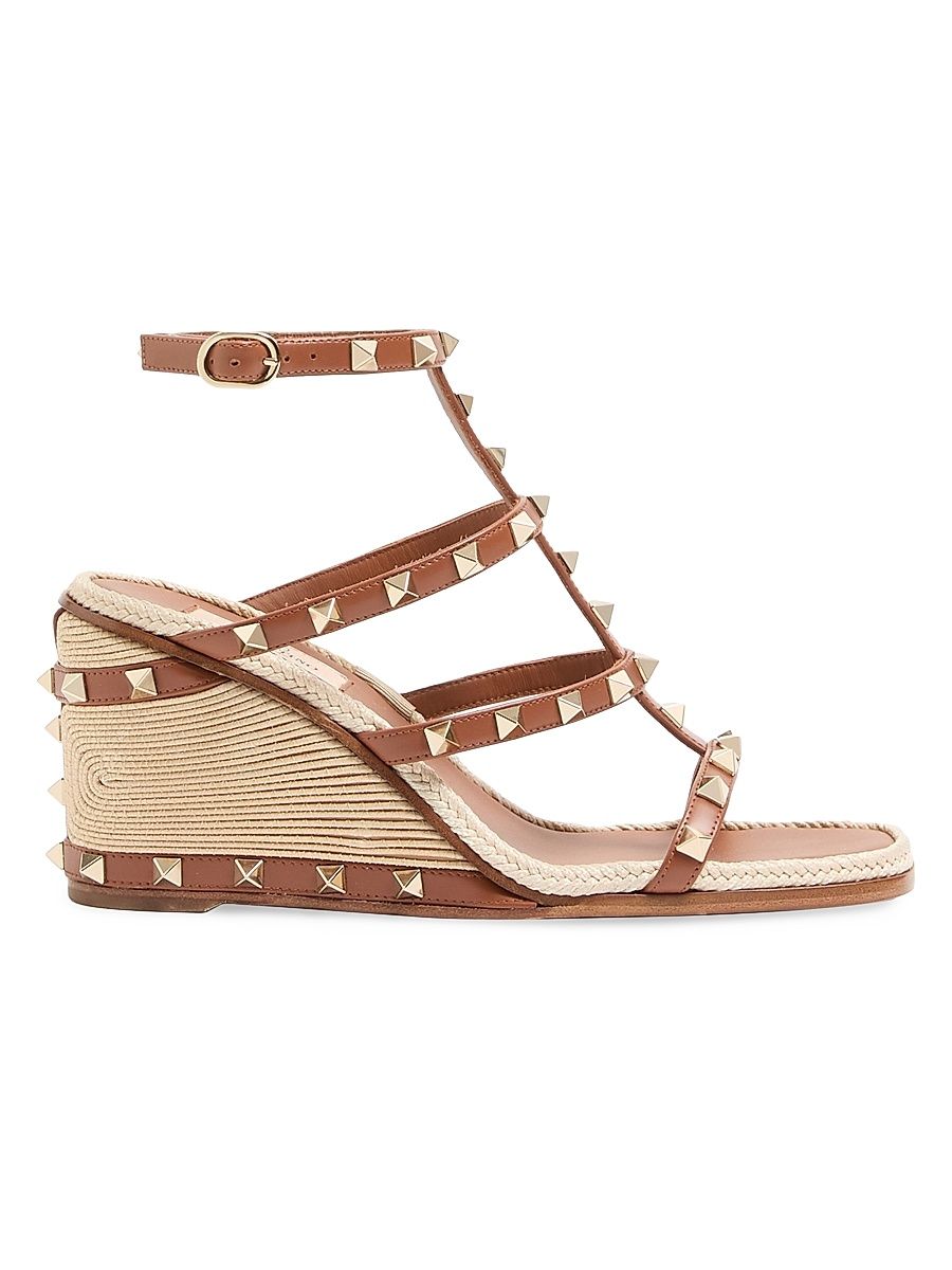 Women's Rockstud 80MM Wedge Sandals in Calfskin Leather - Saddle Brown - Size 12
