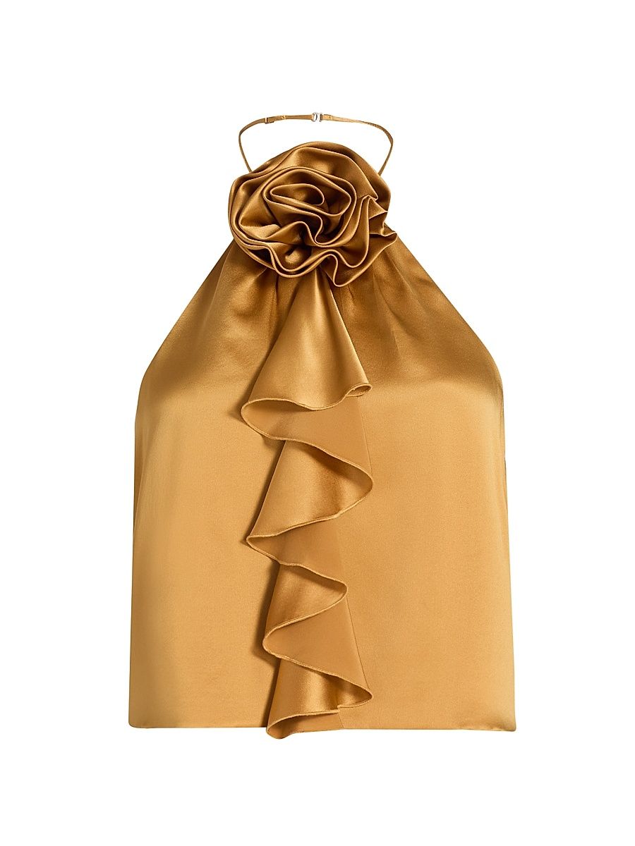 Women's Hallie Silk Ruffle Halterneck Top - Honey Clove - Size Large