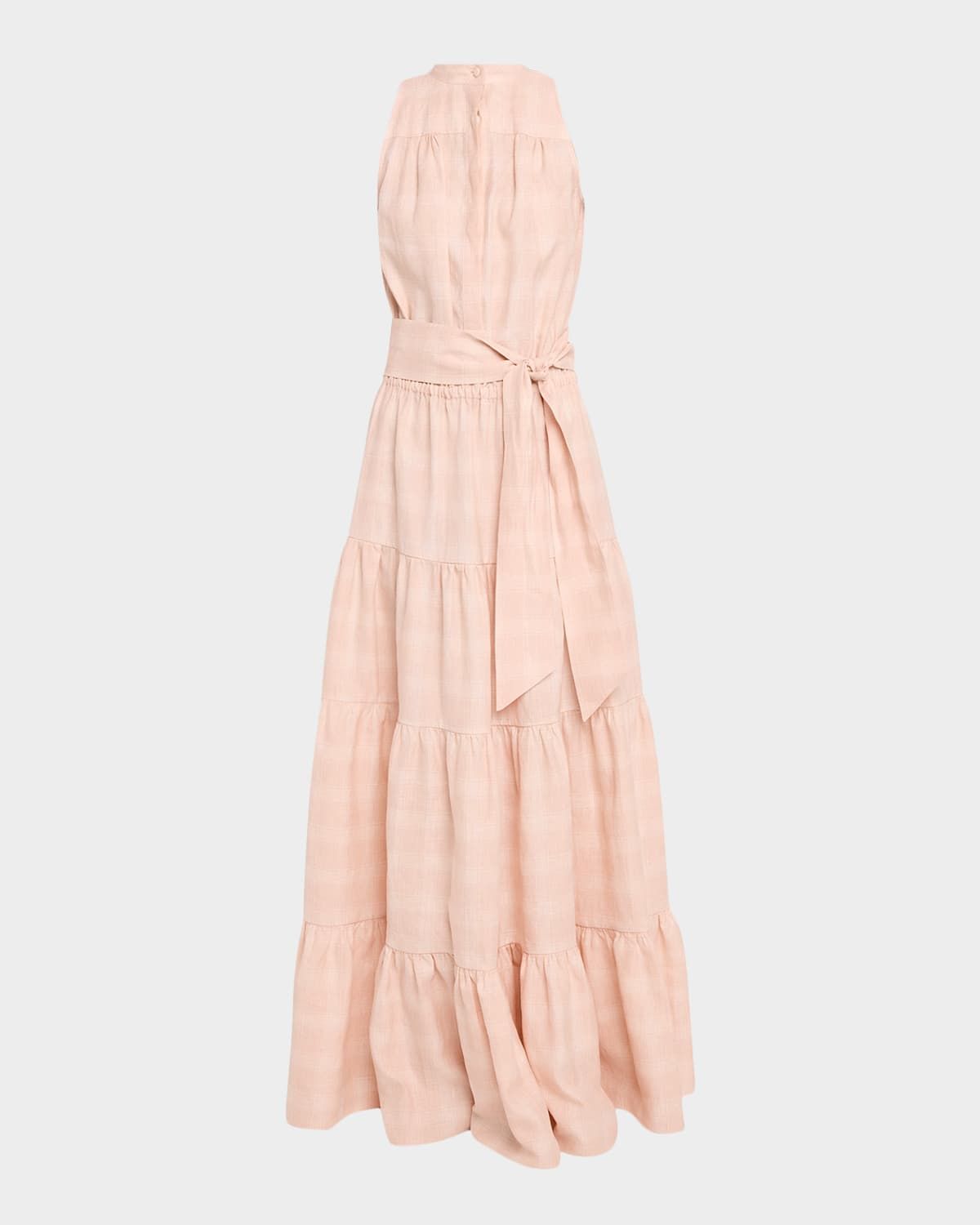 Tiered Check Linen Belted Sleeveless Maxi Dress
