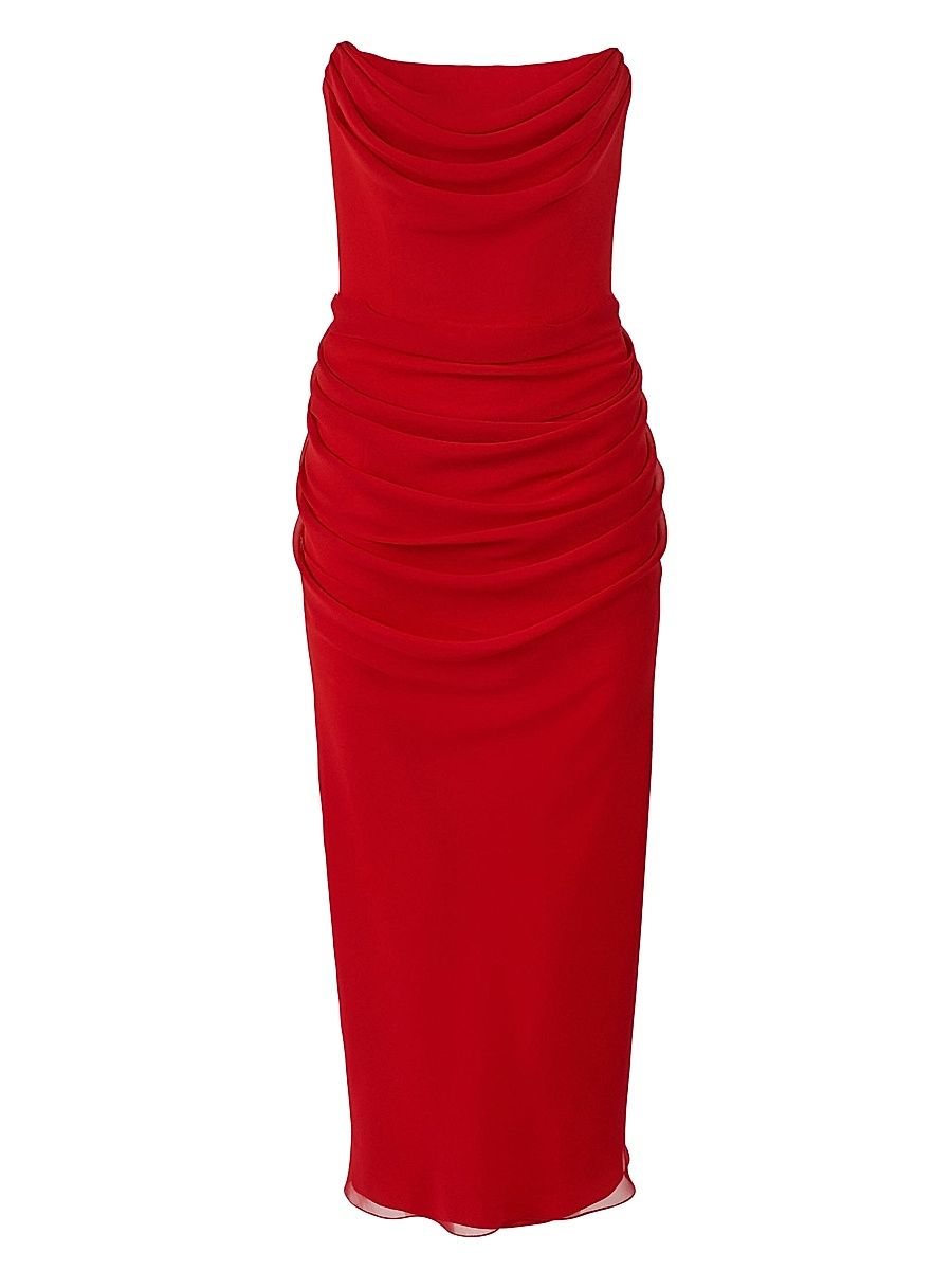 Women's Draped Silk Strapless Cocktail Dress - Herrera Red - Size 10