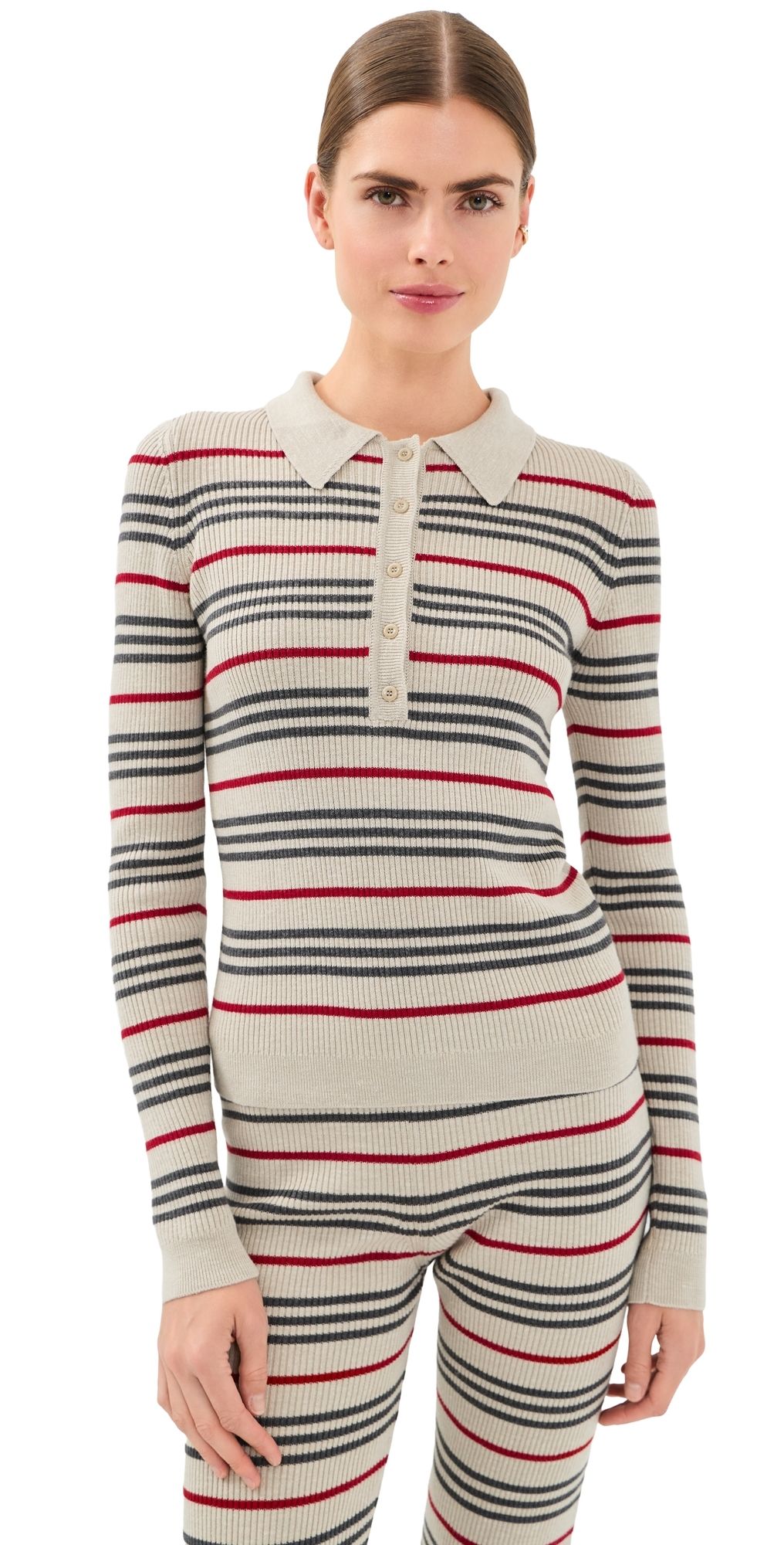 The Elder Statesman Libeccio Stripe Polo Ecru/Red/Stone L