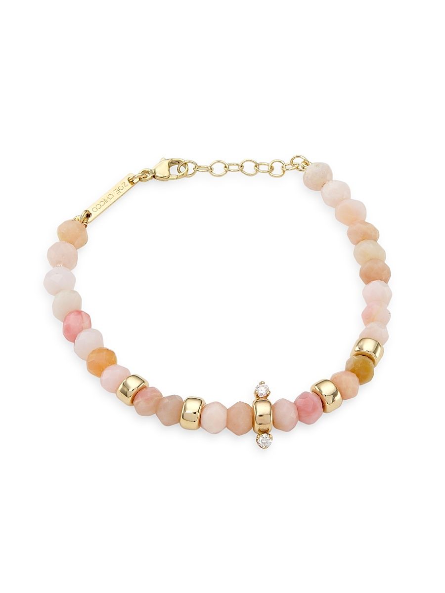 Women's 14K Yellow Gold, Pink Opal, & Diamond Beaded Bracelet - Yellow Gold - Size 7