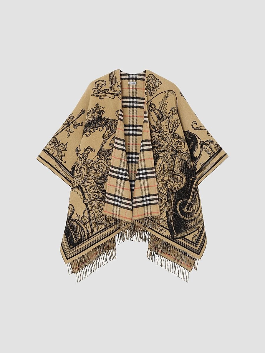 Women's Reversible Etched Knight Wool Cape - Beige