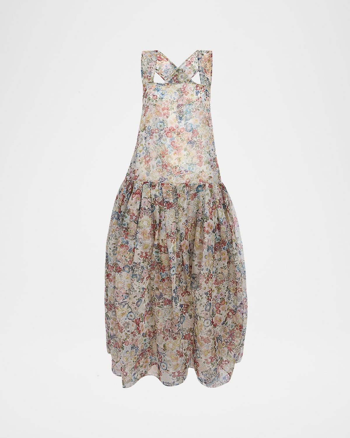 Amello Floral Silk Organza Backless Tea-Length Dress