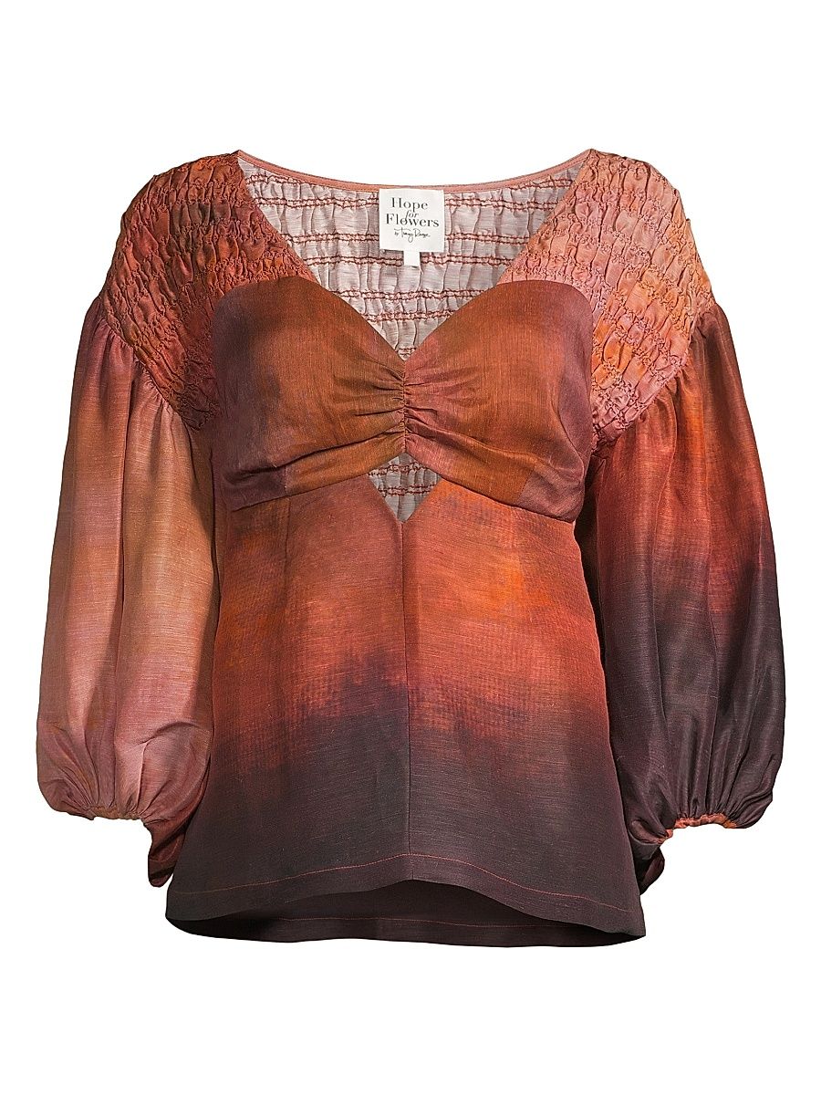 Women's Empire Linen-Blend Blouse - Sunset Abstract - Size XL