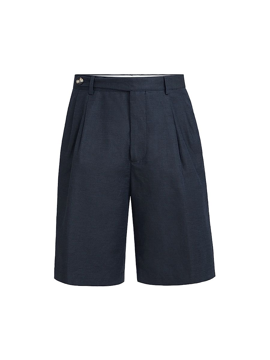 Men's Cotton and Linen Panama Bermuda Shorts with Pleats - Navy Blue - Size 48