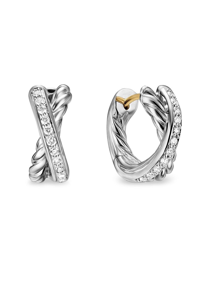 Women's Crossover Huggie Hoop Earrings in Sterling Silver with Diamonds, 12.4MM - Diamond