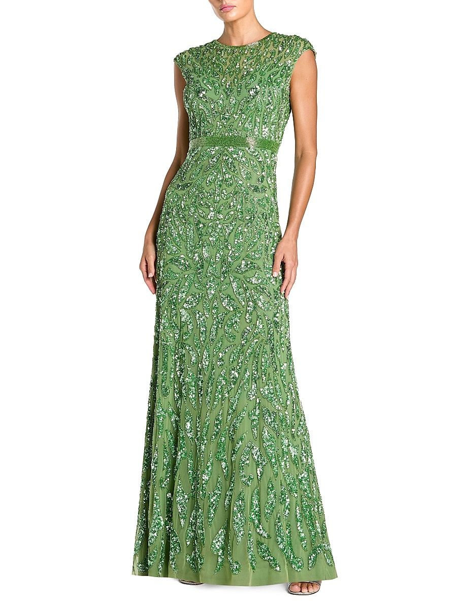 Women's Embellished Illusion Cap-Sleeve Column Gown - Sage - Size 16