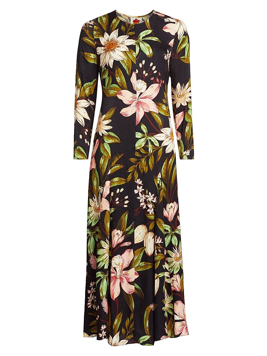 Women's Surreal Flowers Long-Sleeve Midi-Dress - Black - Size Large