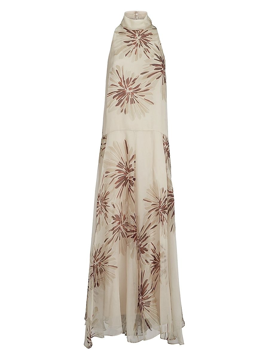 Women's Bloom Print Silk Organza Dress with Monili - Beige - Size XXXL