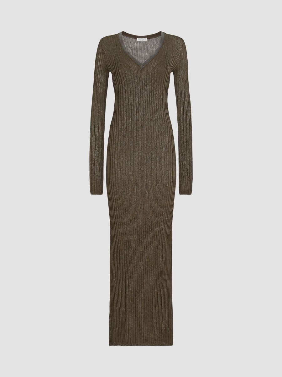 Brunello Cucinelli Women's Sparkling Rib Knit Dress with Precious Collar - Coffee - Size XS