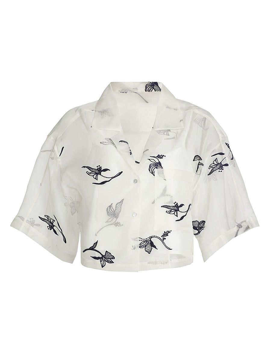 Women's Heligan Embroidered Silk Crop Blouse - Ivory Navy - Size Large