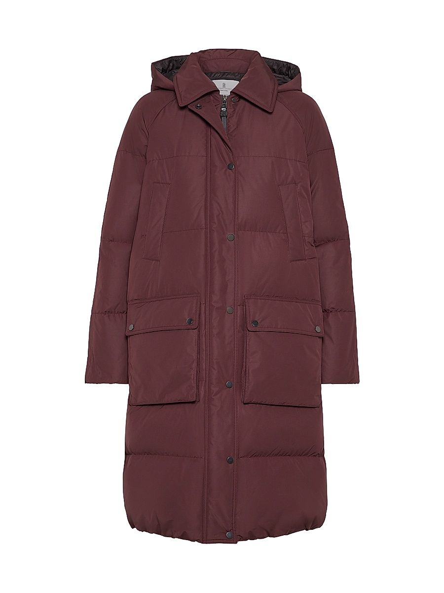 Women's Techno Cotton Water Resistant Taffeta Down Jacket with Detachable Hood and Shiny Zipper Pull - Purple - Size 12