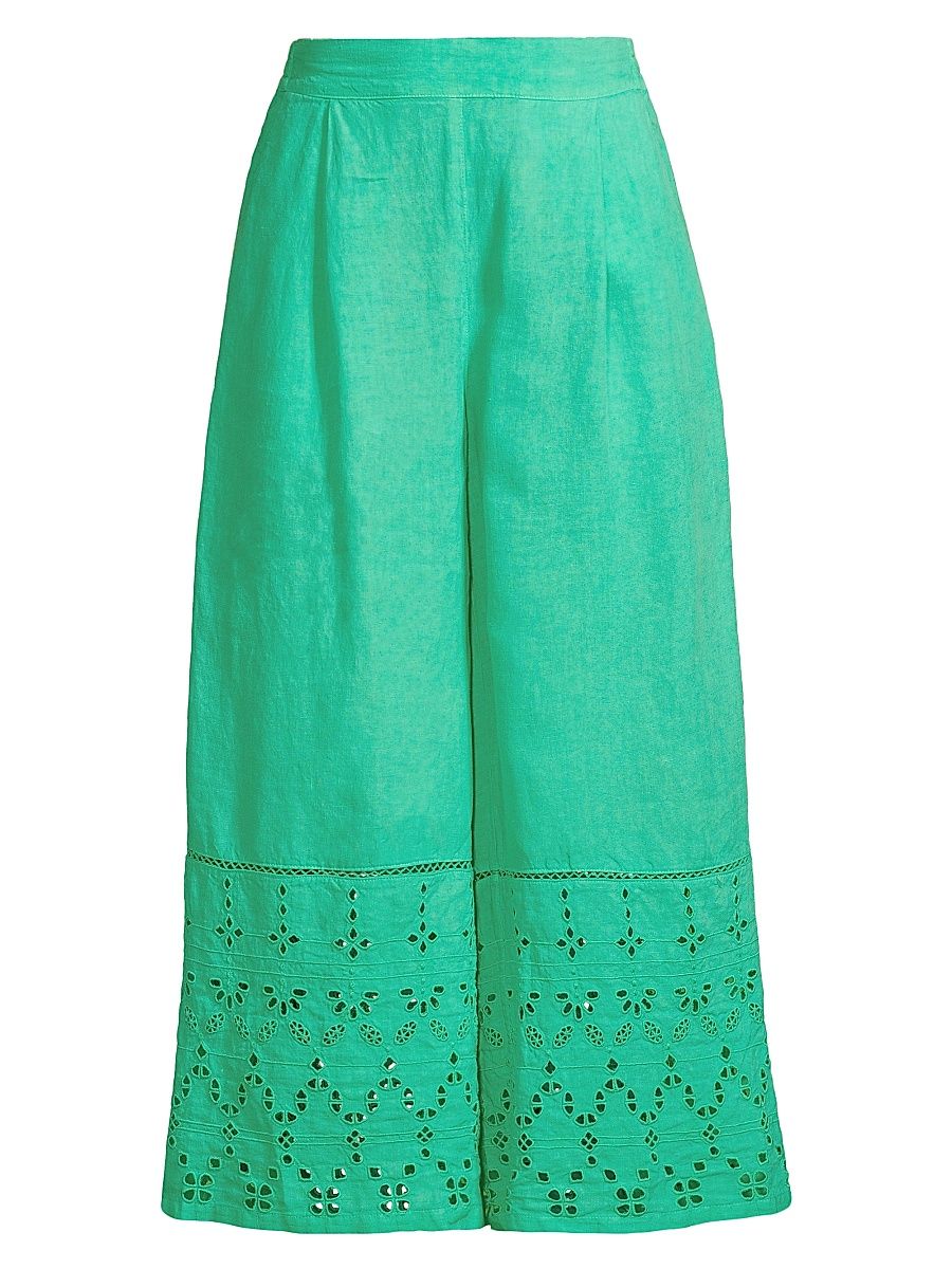 Women's Resort Linen Cropped Eyelet Pants - Emerald - Size Small