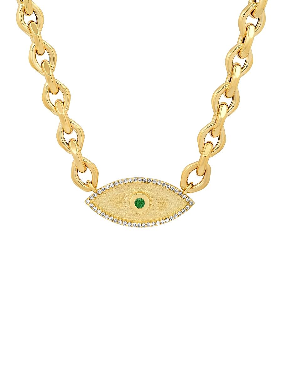 Women's Double Protection 14K Yellow Gold, 0.26 TCW Diamond, & Emerald Evil Eye Pendant Necklace - Yellow Gold