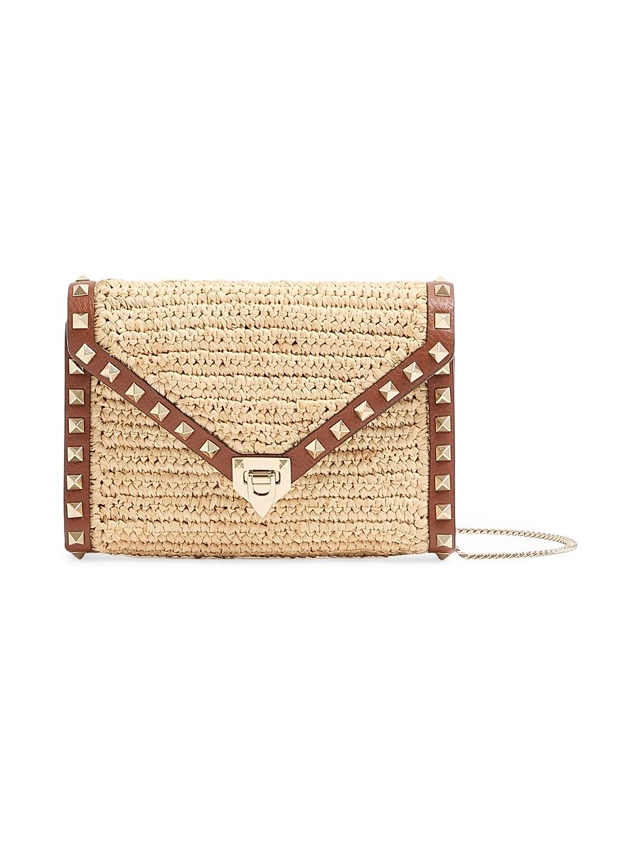 Women's Mini Rockstud Raffia Shoulder Bag - Saddle Brown