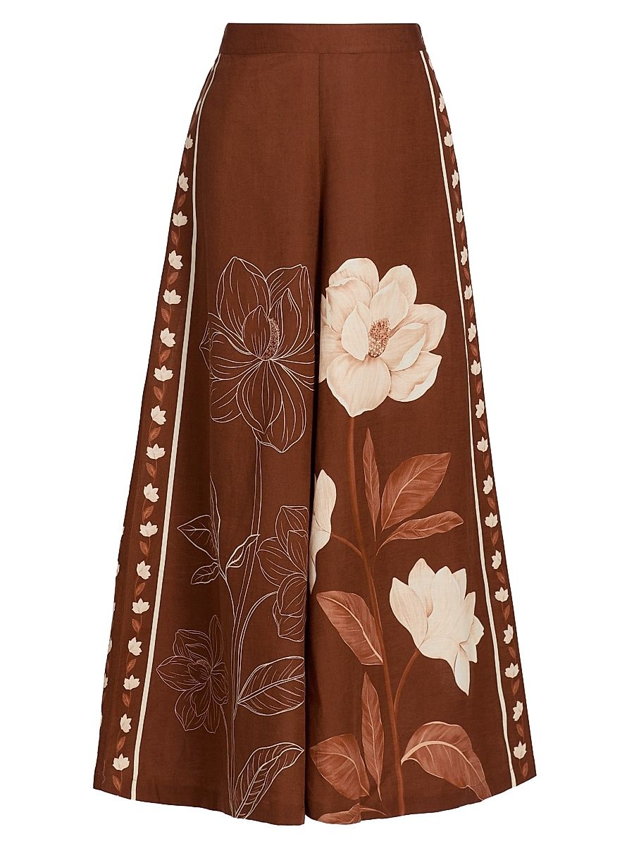 Women's Ammama Magnolia Linen-Cotton Flared Pants - Brown Magnolia Linear Panel - Size XL
