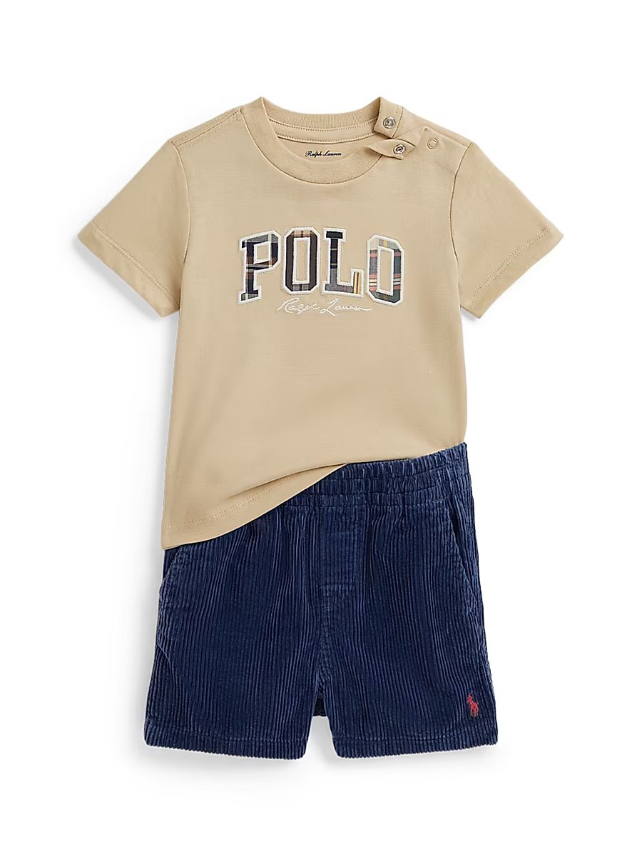 Baby Boy's Plaid Logo T-Shirt & Corduroy Shorts Set - Tallow Cream - Size 12 Months