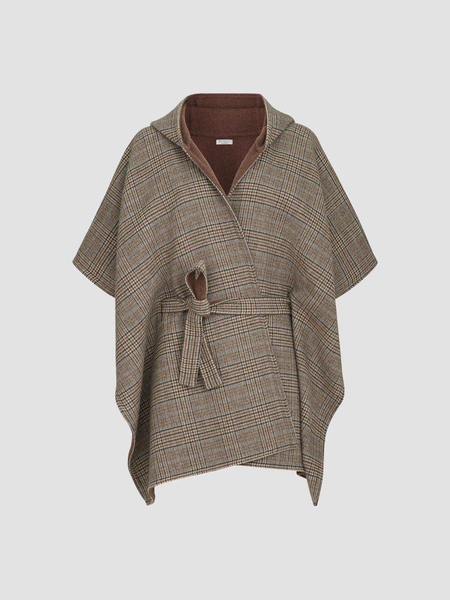 Brunello Cucinelli Women's Hand-Crafted Reversible Hooded Poncho in Cashmere Prince of Wales Double Cloth - Brown