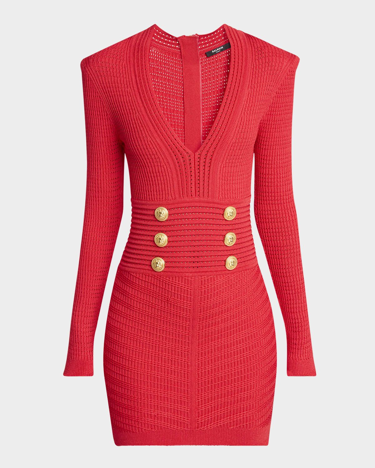 Buttoned Long-Sleeve Pointelle Knit Mini Dress
