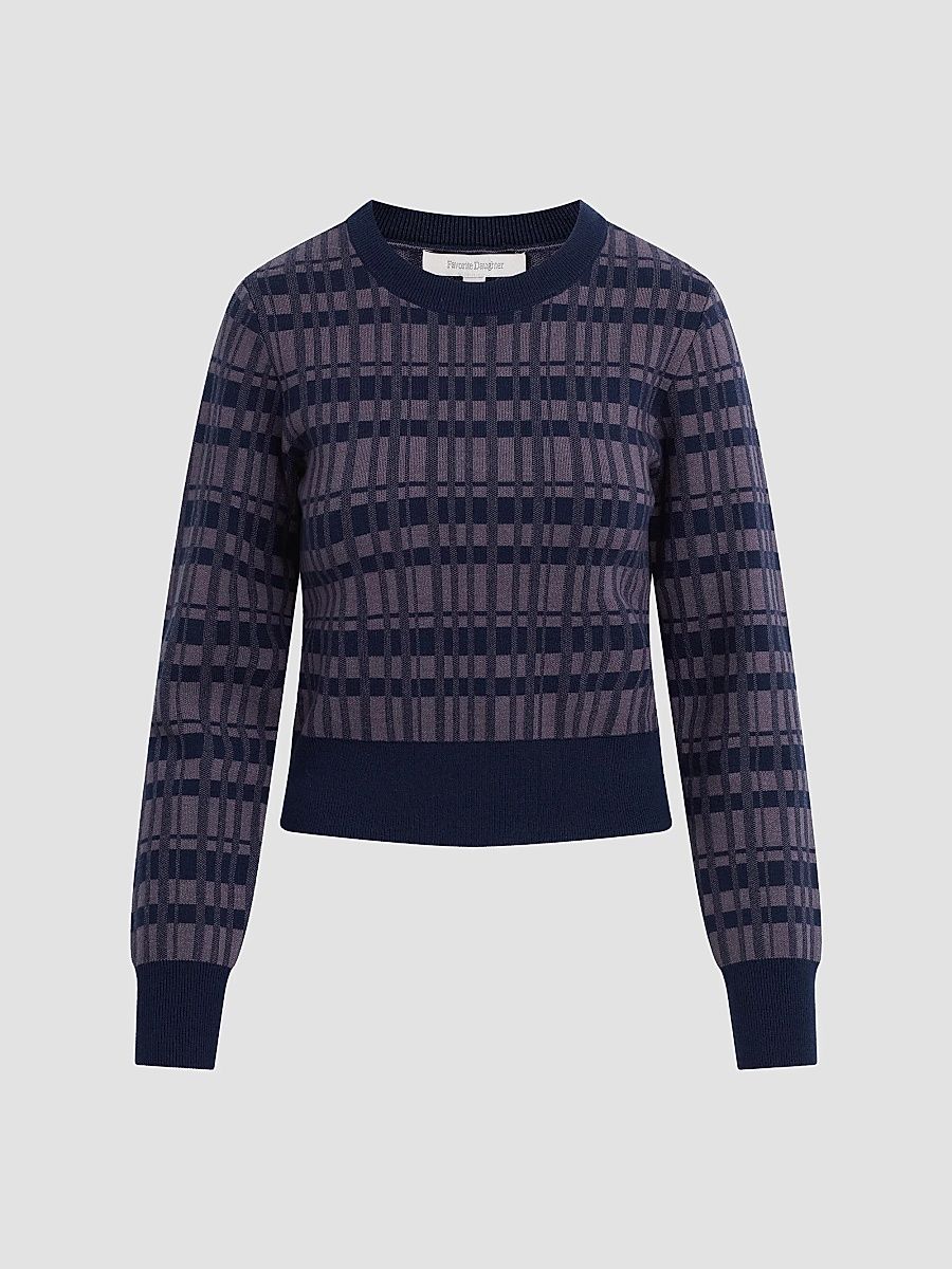 Women's Henry Plaid Knit Crewneck Sweater - Navy Plaid - Size Large