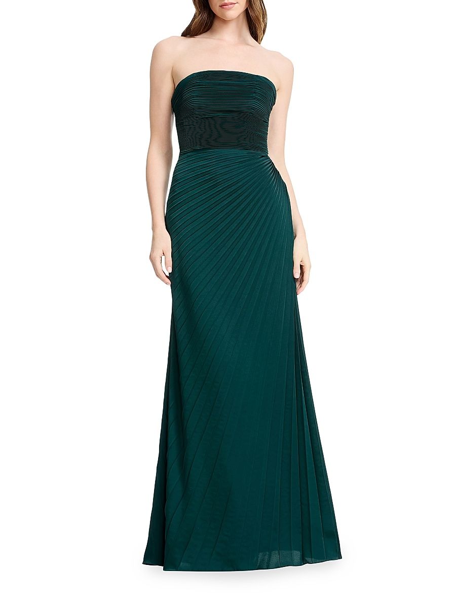 Women's Kinley Strapless Satin Crepe Pleated Gown - Pine - Size XXL