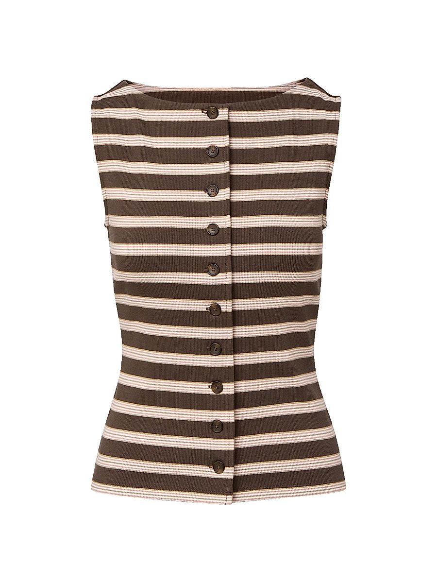 Women's Uma Striped Stretch-Cotton Button-Front Vest - Brown Stripe - Size XL