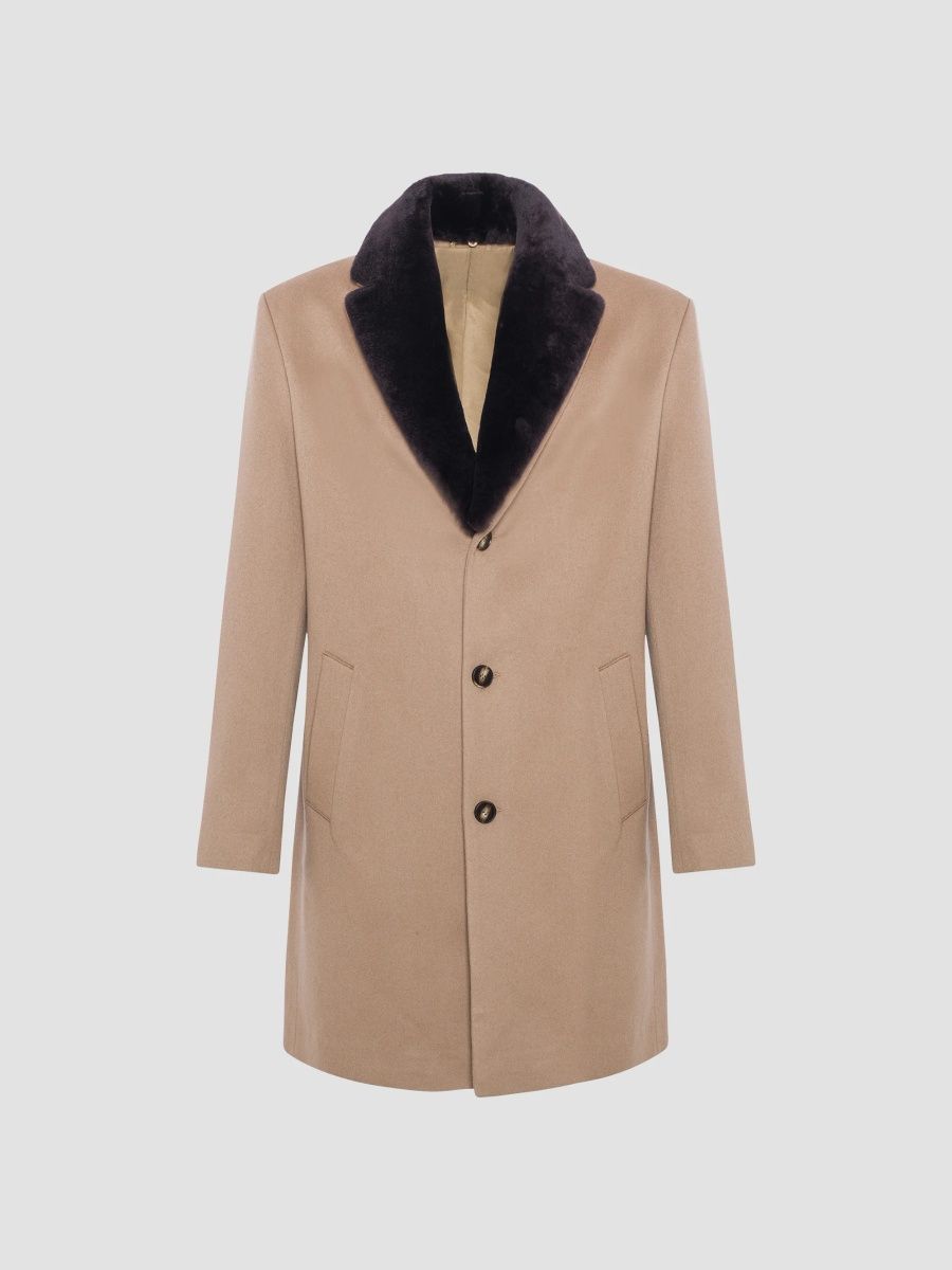 Gorski Men's Cashmere Short Coat with Detachable Select Shearling Lamb Collar - Brown - Size Large
