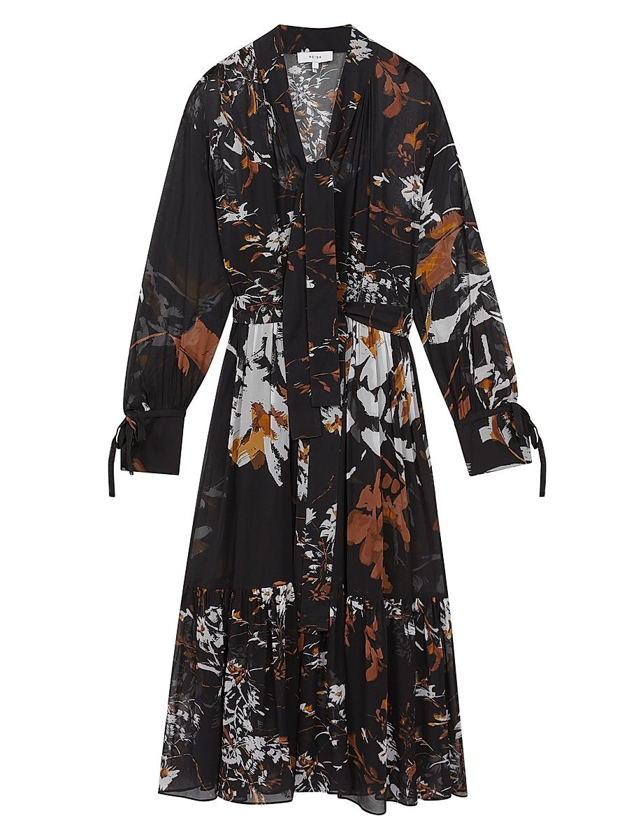 Women's Charlotte Printed Belted Midi-Dress - Black Brown - Size 2