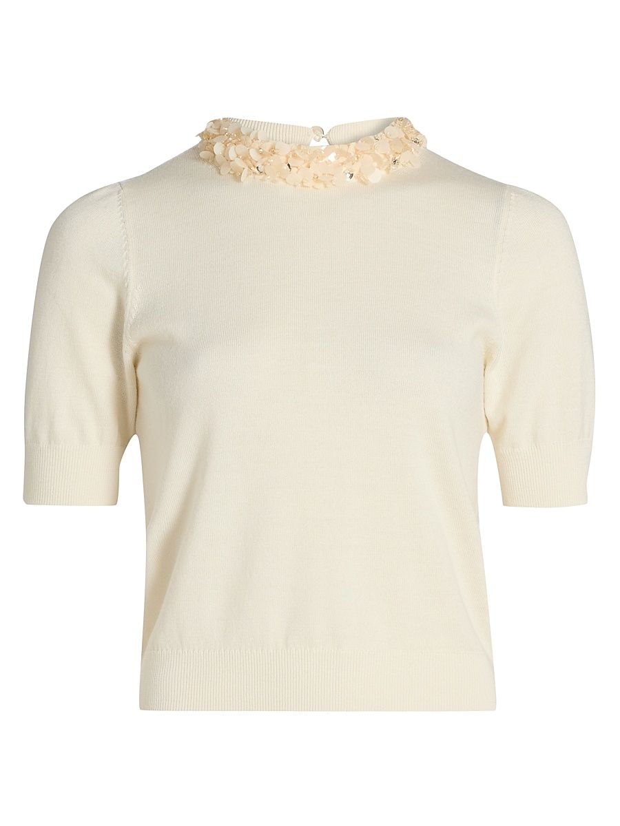 Women's Jude Embellished-Trim Merino Wool Short-Sleeve Top - Pearled Ivory - Size Large