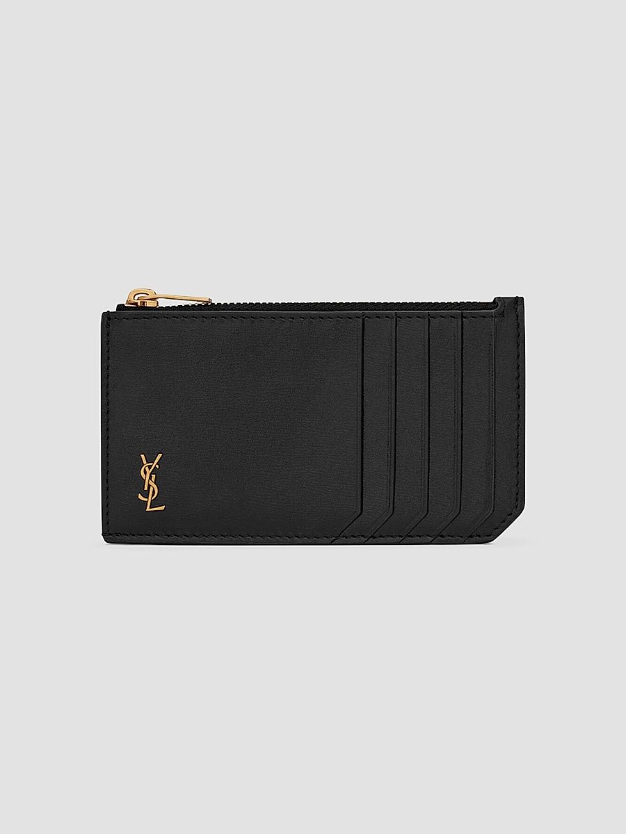 Saint Laurent Men's Tiny Cassandre Zipped Fragments Credit Card Case - Black