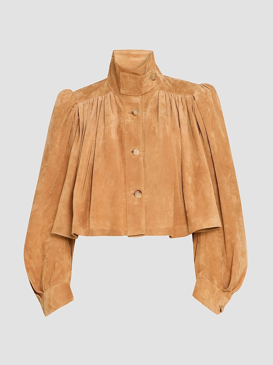 Women's Stand-Collar Pleated Suede Jacket - Creamy Brown - Size 8