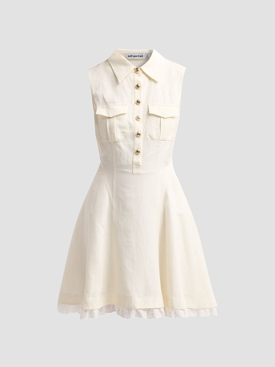 Women's Linen Sleeveless Mini Shirtdress - Cream - Size 12