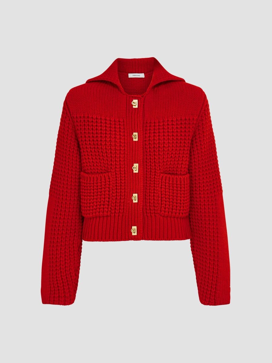 FERRAGAMO Women's Cashmere Knit Spread-Collar Cardigan - New Red - Size XL