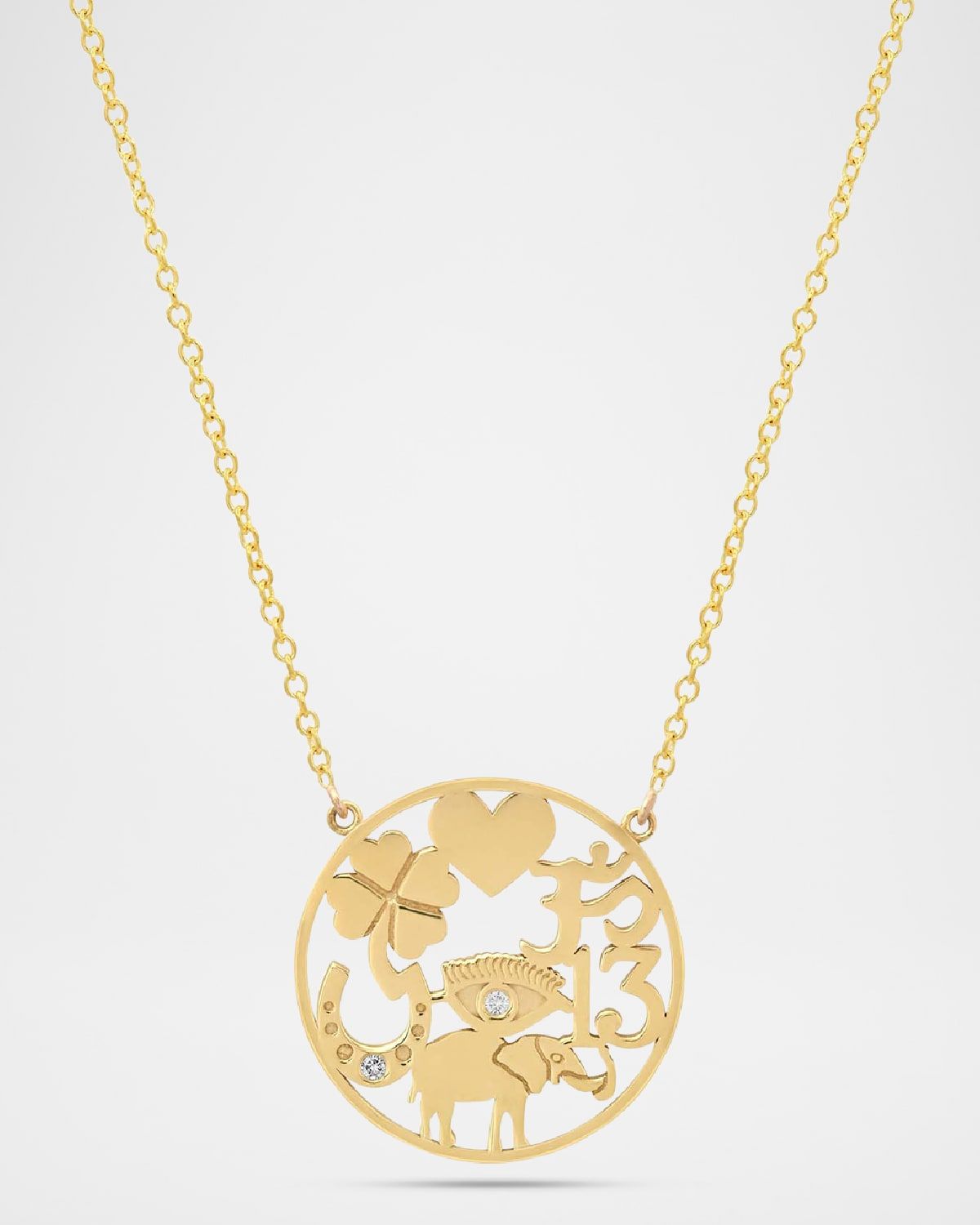 18K Yellow Gold Open Good Luck Pendant Necklace with Diamonds