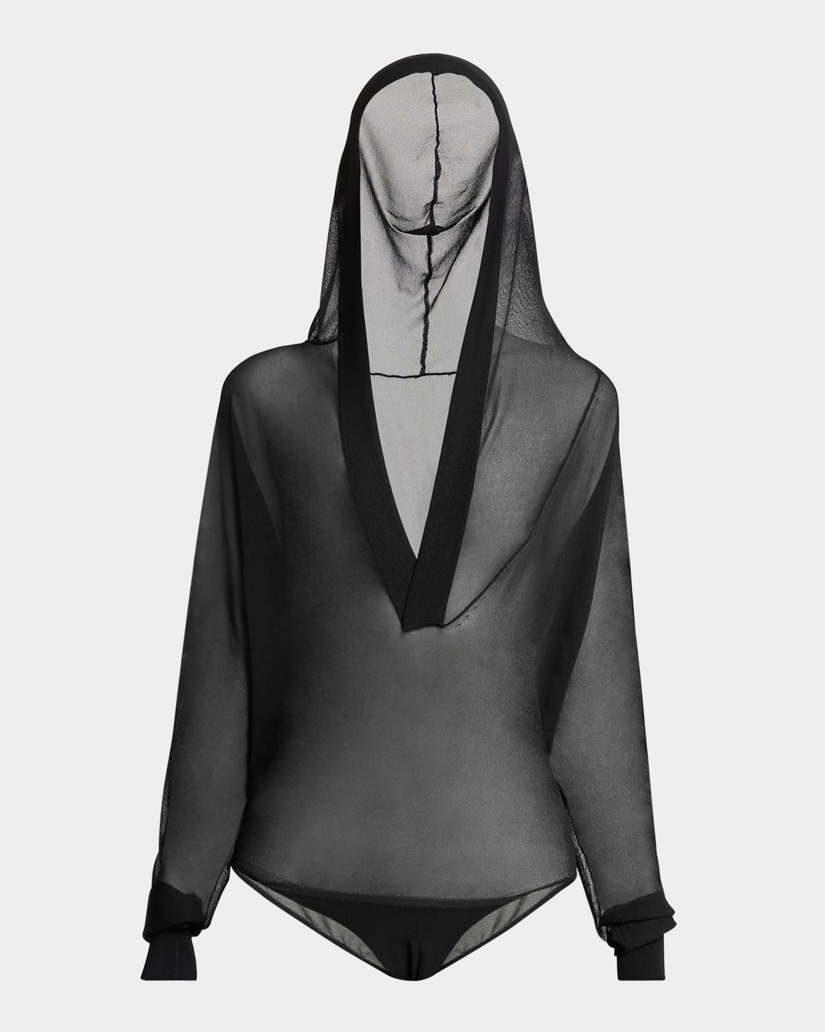 Sheer V-Neck Hooded Bodysuit