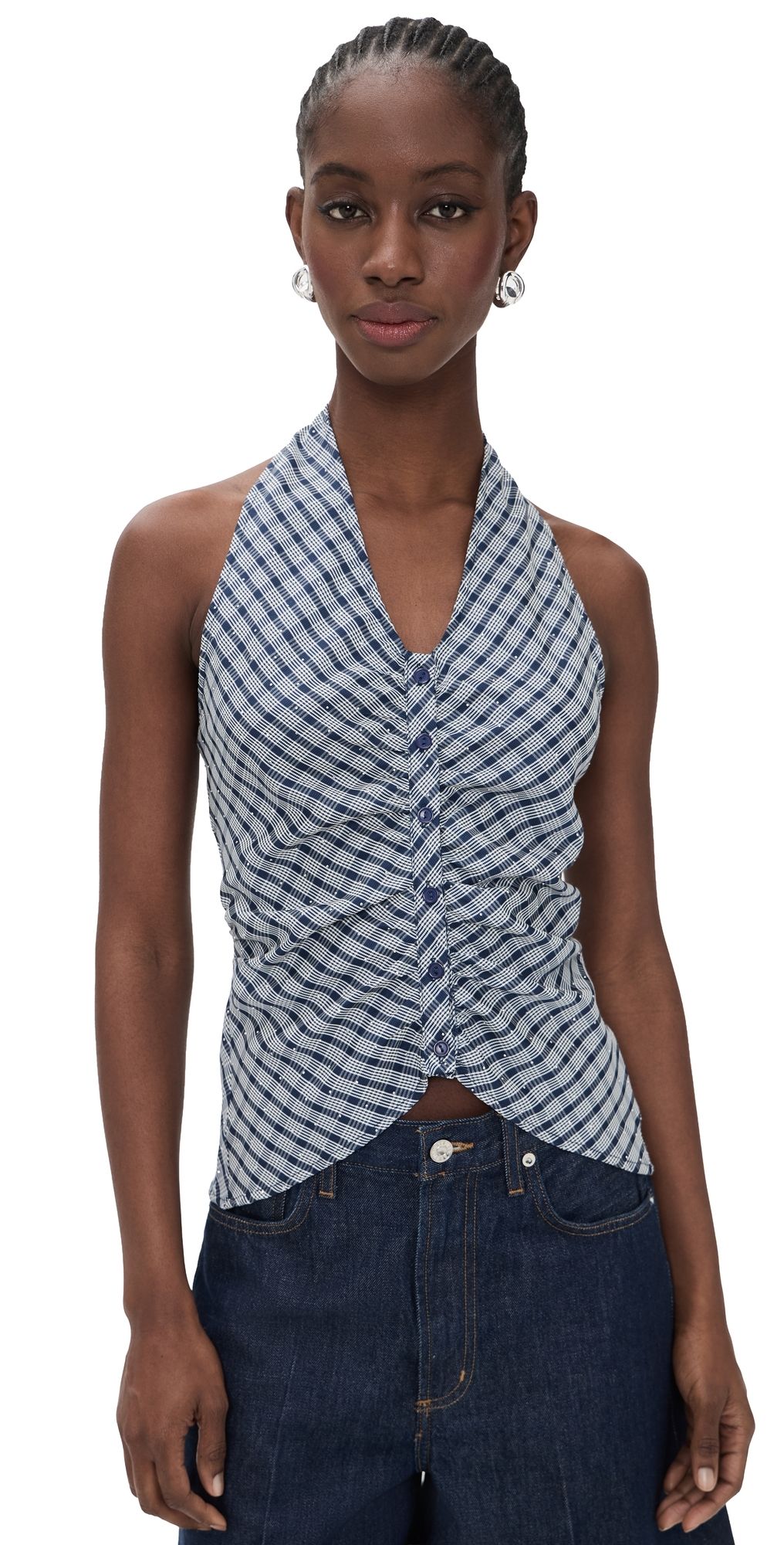 Lioness Power Hour Halter Top Navy Plaid S