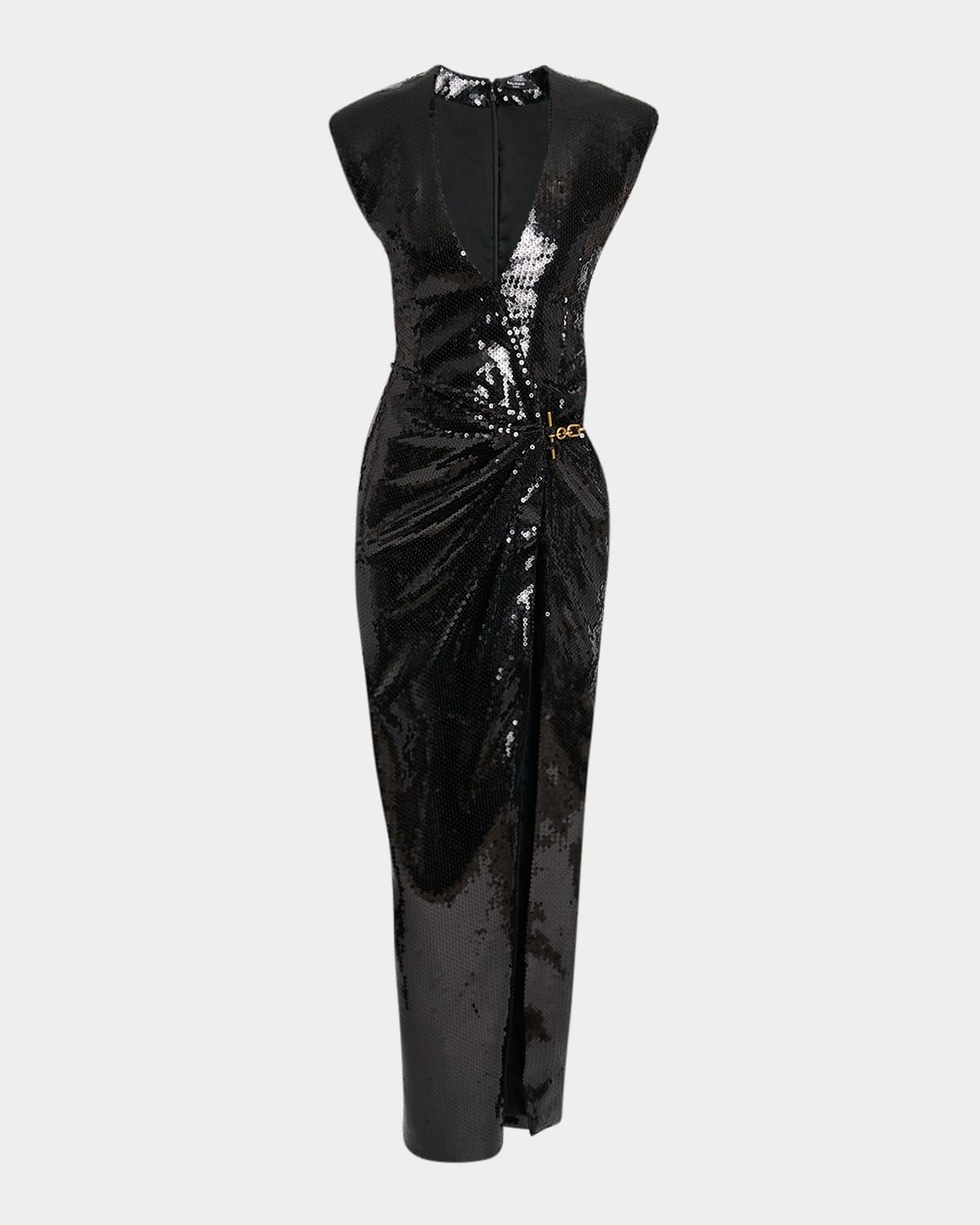Plunging Sequined Chain Draped Wrap Gown