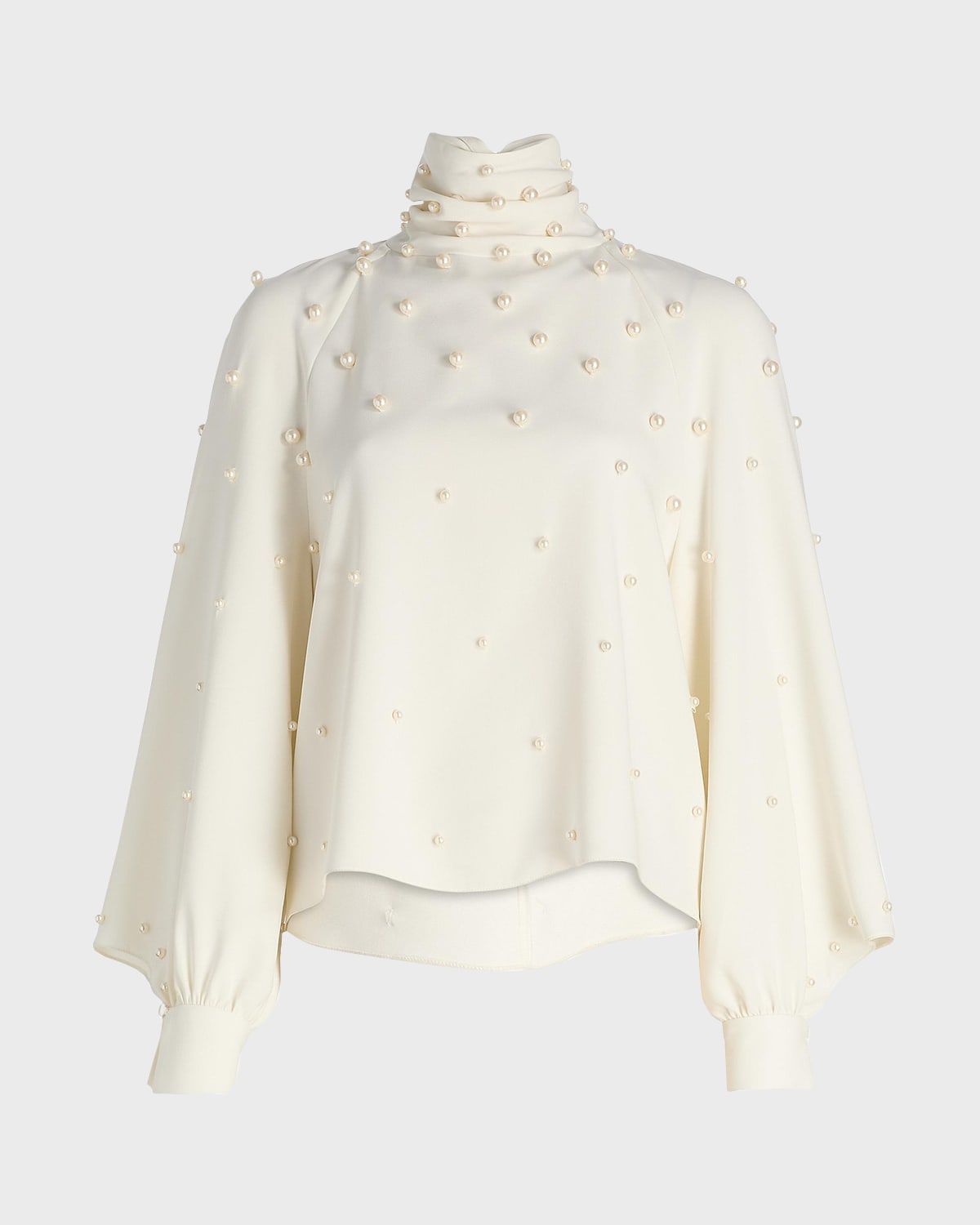 Pearly Beaded Silk Georgette Balloon-Sleeve Blouse