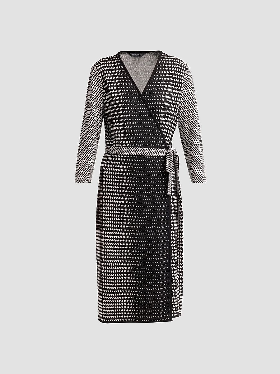 Ming Wang Women's Aria Monochrome Midi Wrap Dress - Black Ivory - Size XL